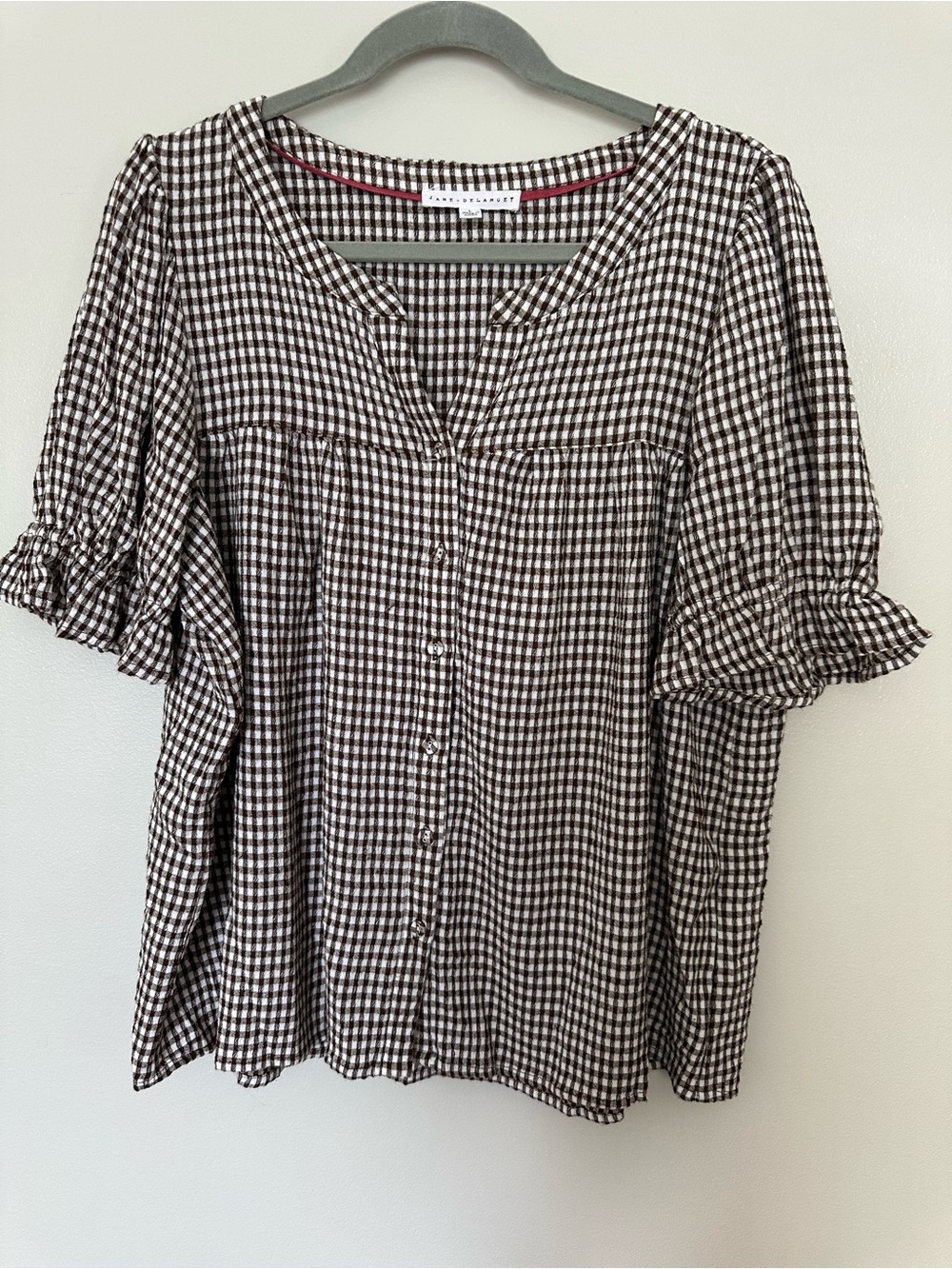 Jane and Delancey Brown and White Gingham Button-Down Top - Picture 5 of 6